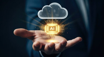 Person holds glowing microchip with text AI above cloud symbol, representing integration of artificial intelligence and cloud technology. image conveys innovation and technology