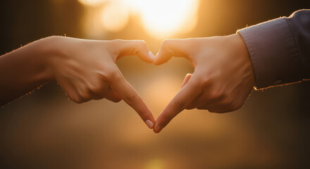 Couple hands forming heart shape against warm sunset background, symbolizing love and connection. soft glow enhances romantic atmosphere