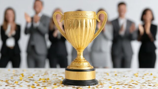 Golden trophy on a table with blurred celebratory crowd in the background showcasing achievement and success in a professional setting 4k video footage