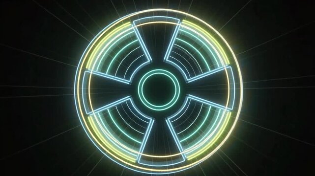 Radiation symbol glowing with neon cyan and lime light. Abstract sci-fi nuclear sign with expanding waves for danger warning concept on dark background.