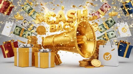 Cashback Promotion Announcement with Golden Megaphone and Gifts.