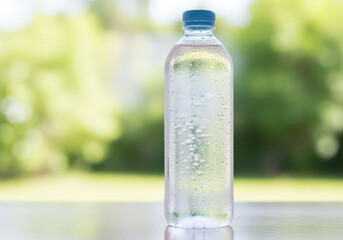 Clear plastic bottle filled with sparkling water, showcasing bubbles and blue cap. background features soft, blurred green landscape, evoking refreshing and natural atmosphere