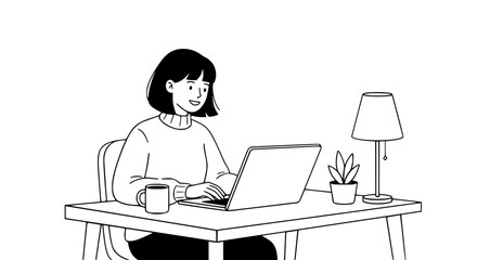 A young woman with short dark hair sits at a desk, typing on a laptop with a smile.