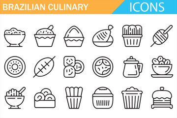Authentic Brazilian culinary outline icons for digital food applications