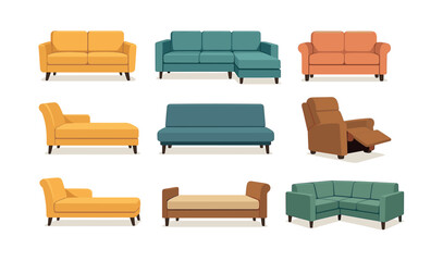 Living room furniture set, sofas, couches, flat vector illustration