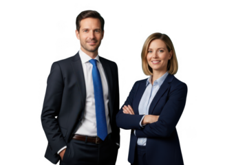 Professional business man and woman posing confidently isolated on transparent background