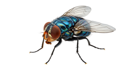 Closeup of a bluebottle fly isolated on white background