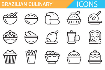 Brazilian culinary icon set with traditional food dishes desserts and drinks in outline vector style isolated on white background for restaurant menu, food app and branding design