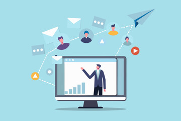 Online business meeting and communication concept with computer and people