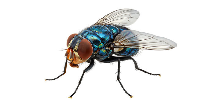Closeup of a bluebottle fly isolated on white background