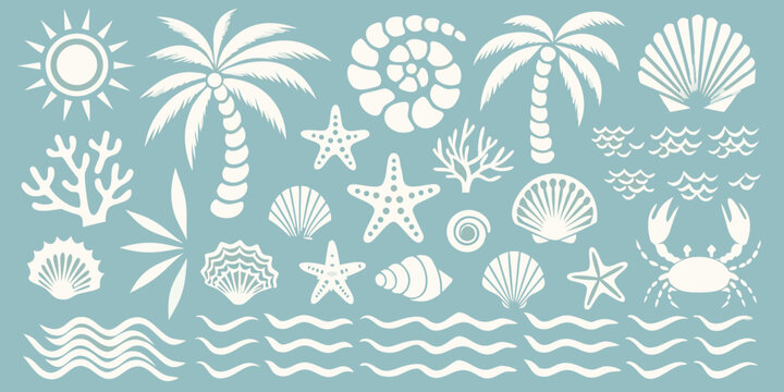 Summer beach elements vector illustration with palms seashells sun and crab