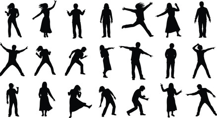 Collection of diverse human silhouettes in various poses, dancing, pointing, standing, expressive body movements, isolated black figures on white background, gesture illustration set