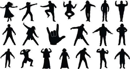 Collection of diverse human silhouettes in dynamic poses, dancing, standing, flexing, meditating, expressive gestures including hand sign, isolated black figures for design illustration