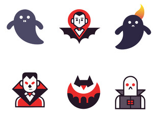 Flat Halloween Icon Set. Vampire, Ghost, and Bat Characters Collection