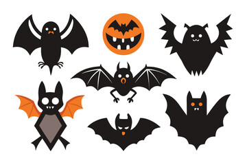 Set of seven different cartoon bat and Halloween icons