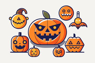 Flat Halloween Icons Set. Pumpkins, Vampires, Ghosts, and Spooky Symbols.