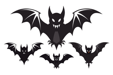Set of five spooky black bat silhouettes flying