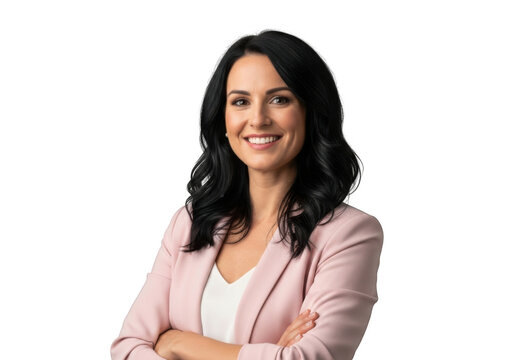 Professional woman with dark wavy hair wearing a pink blazer and white top smiling confidently isolated on transparent background