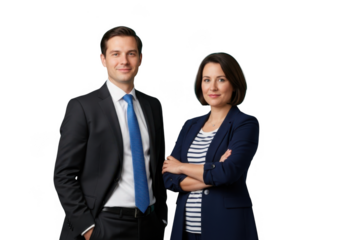 Professional man and woman in business attire posed together isolated on transparent background