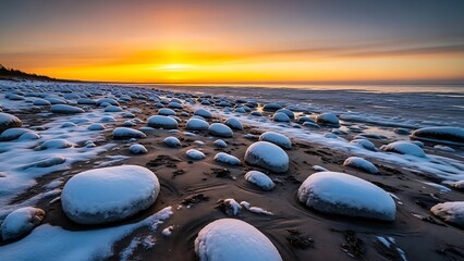 Winter beach sunrise with snow covered rocks and ocean waves