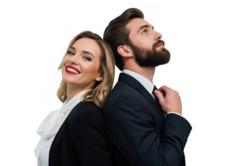 Smiling woman and man in business attire posed back to back isolated on transparent background