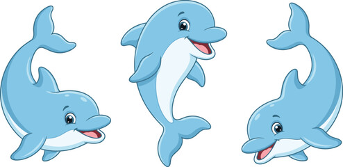 Cute playful cartoon dolphins swimming and jumping with happy expressions, delightful marine animal illustration perfect for children’s designs, ocean themes, education, and creative artwork