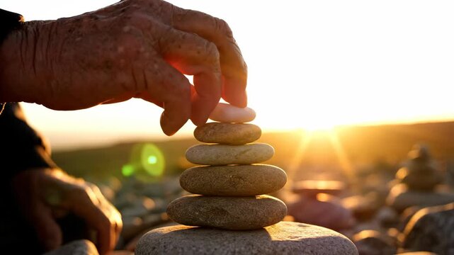 Human hand carefully stacking stones, creating delicate tower, individual rocks forming stable structure against glowing golden hour. Stacking stones represents calm, spiritual harmony,