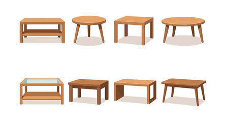 Wooden table collection, flat vector illustration, furniture, home decor, interior