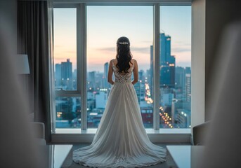 Young Woman in a white wedding dress standing in front of a window overlooking a cityscape at sunset. Bridal fashion and elegance for wedding day