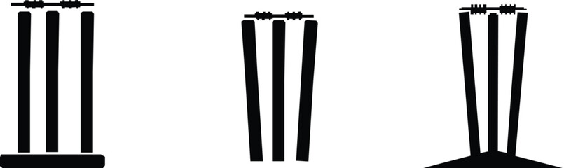 Black Cricket Wicket Stumps and Bails Vector Icon Set. 