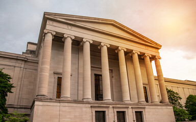 Government building with pillars central bank, financial authority. Architecture for law economy policy. Concept for digital currency CBDC regulation global finance, future of fiat currency