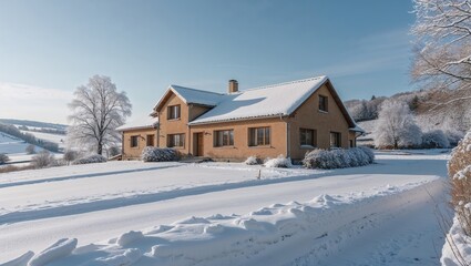 Casa rural de madera en un paisaje invernal nevado bajo cielo despejado, arquitectura tradicional en un entorno silencioso de invierno