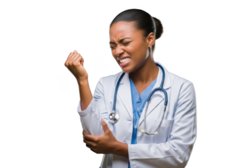 Young african american female medical professional experiencing significant elbow pain and discomfort isolated on transparent background
