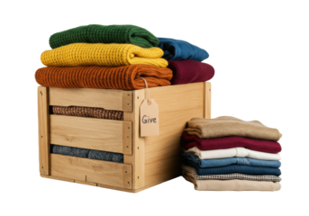distressed pine crate overflowing with mustard wool sweaters and rolled denim, folded chinos beside it, set on a high-key white background. Concept of donation and circular economy