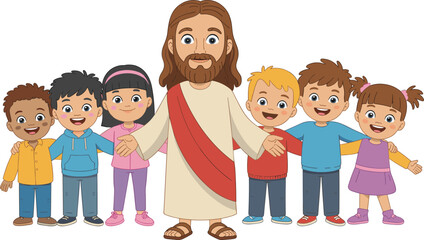 Jesus standing with smiling diverse children, arms open in welcome, teaching love and kindness, faith, friendship, guidance, unity, joyful togetherness