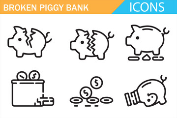 Fototapeta premium Financial crisis and savings damage piggy bank icon set isolated on white