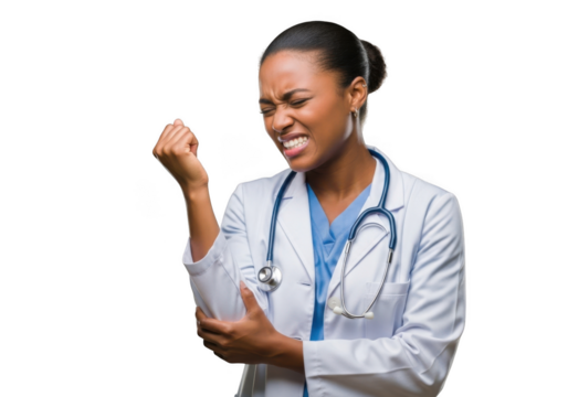 Young african american female medical professional experiencing significant elbow pain and discomfort isolated on transparent background - Powered by Adobe