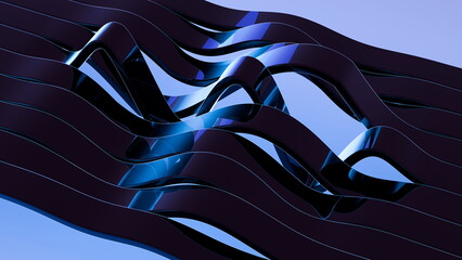 Curved shapes made from dark material move in waves, standing out against a light blue background....