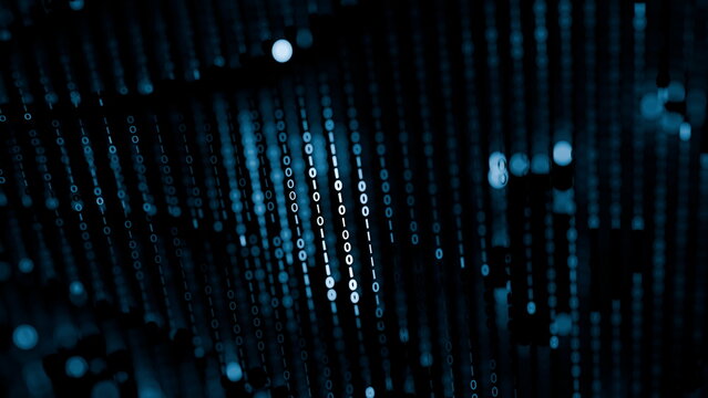Binary code appears as glowing numbers cascading through a dark digital landscape, showcasing the flow and movement of information in a high-tech environment. 3d render