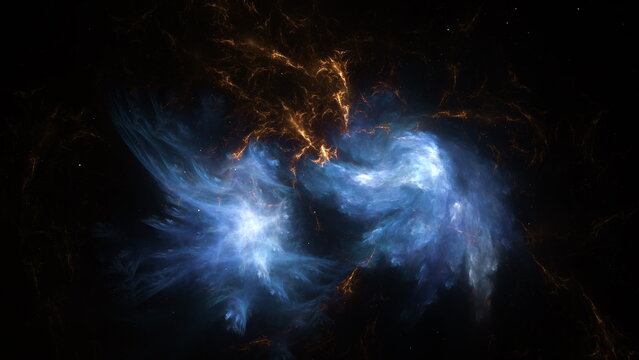 Bright gas clouds swirl and mix in a cosmic scene that captures the interaction of two nebulae. This image shows the vastness and complexity of deep space. 3d render