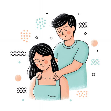Partner massaging woman&rsquo;s shoulders in a childlike drawing style, concept of health  