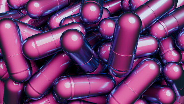 Capsules of different colors are piled together. They show shiny surfaces and varied sizes. Light reflects off them, creating an interesting visual effect on the surface. 3d render
