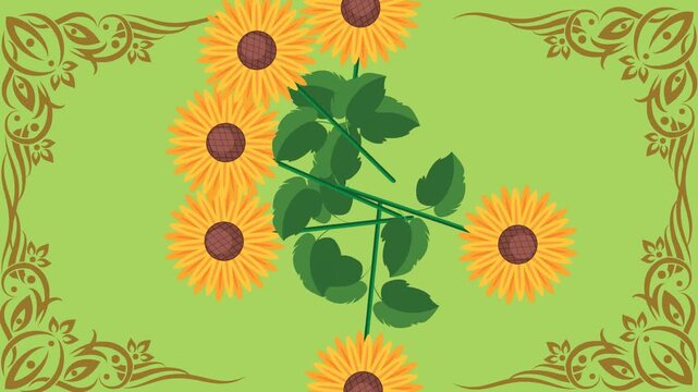 draw scenery of various sunflower decorate with golden frame on green screen background
