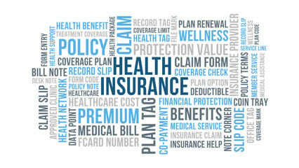 Fototapeta premium Health insurance word cloud design, health insurance benefits and treatment coverage theme in clean layout