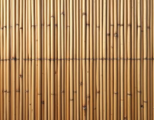 Bamboo screen panel with vertical rods tied together. Natural texture of bamboo sticks. Eco-friendly material for decor, divider. Simple, elegant design for home, outdoor use. Brown color bamboo