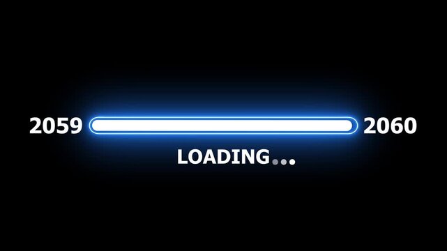 New year 2060 loading bar animation Year changing from 2059 to 2060. Loading bar from 2059 to 2060 new year transfer animation. Almost reaching New Year on black background.