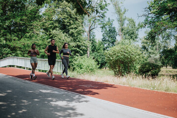 A group of individuals running together on a paved trail in a green park setting under clear skies, showcasing fitness, outdoor activity, and camaraderie in a natural environment.