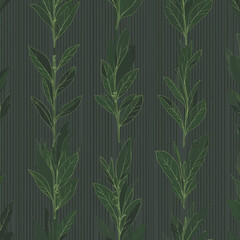Naklejka premium Elegant Green Leaf Pattern on Striped Background Wallpaper.