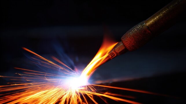 Bright sparks from a welding torch illuminating steel with vivid orange and blue colors. safety guidelines, industrial manuals, designed for assembly line operations.