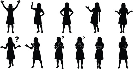 Silhouettes of woman expressing various gestures, questioning poses with confusion signs, emotional body language illustration, standing female figure set, isolated black silhouettes
